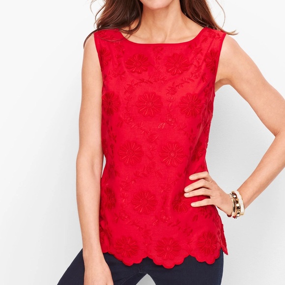 Talbots Red Embroidered Floral Appliqué Shell Sleeveless Blouse Top Size Large - Picture 2 of 9